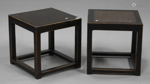 A pair of late 20th Century Chinese ebonized lamp tables, the square top raised on block legs,
