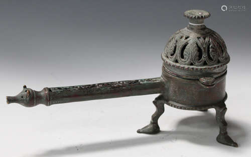 A 14th century style Continental bronze censer, possibly Spanish, of cylindrical form with pierced