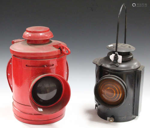 A mid/late 20th century black painted railway lamp, marked 'The Adlake Non Sweating Lamp',