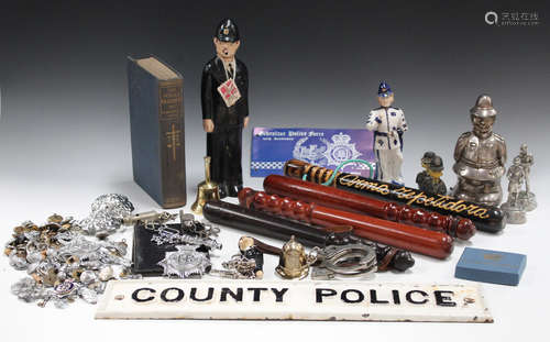 A collection of various police related items, including a County Police sign, width 54cm, a