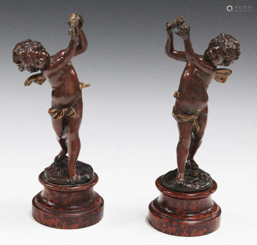 After Auguste Moreau - 'Amour Printanier', a pair of late 19th century French brown patinated cast