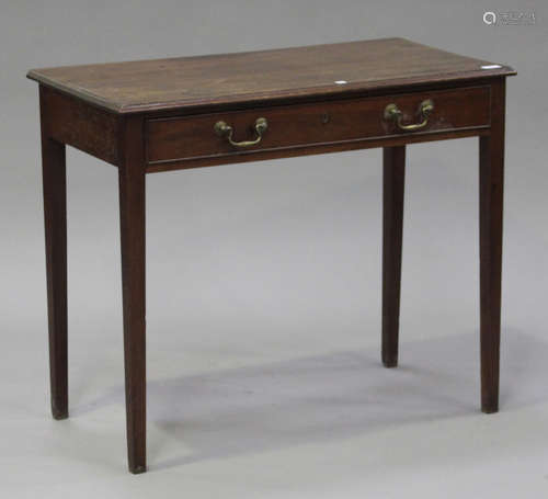 A George III mahogany side table, fitted with a single frieze drawer, on square tapering legs,