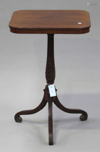 A Regency mahogany tip-top wine table, the curved square top with ebony stringing above a spiral
