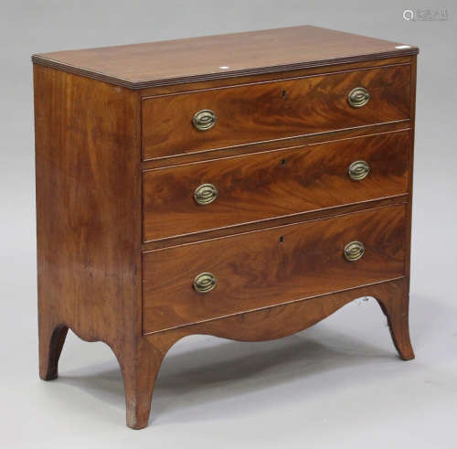 A George III mahogany chest of three long drawers, on splayed bracket feet, height 84cm, width 88cm,