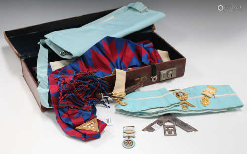 A group of Masonic regalia, including medals and badges, within a leather case.Buyer’s Premium 29.4%