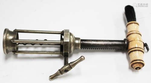 A 19th century nickel and steel four pillar kings rack corkscrew with turned bone handle and rack