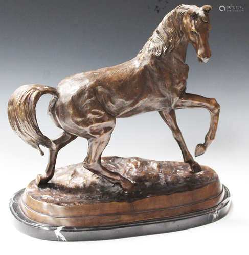 A late 20th century brown patinated cast bronze model of a horse, raised on a naturalistic base