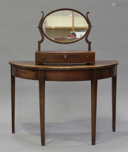 A George III mahogany demi-lune side table, on square tapering legs, width 107cm, together with a