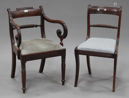 A George III mahogany bar back elbow chair with ropetwist centre rail, width 55cm, together with a