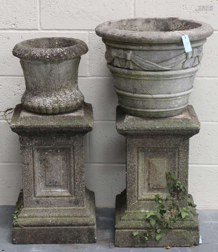 A pair of early 20th century cast composition stone garden pedestals, height 60cm, together with two