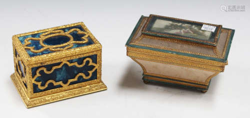 A late 19th century gilt metal and simulated lapis lazuli trinket box, width 12cm, together with a