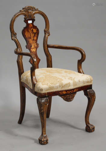 A 20th century Dutch style floral marquetry inlaid armchair with splat back, raised on carved