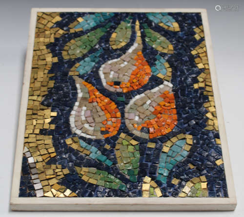 An Italian glass mosaic by Carlo Signorini, titled 'Pere', depicting three pears and leaves, label