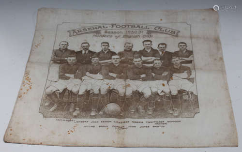 An Arsenal Football Club commemorative printed cloth panel depicting the 1930-31 team, 'Holders of