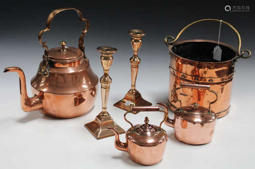 A 19th century copper studded cylindrical bucket, height 20cm, three Victorian copper kettles and