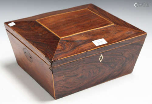 A Regency rosewood sarcophagus box with boxwood stringing and inlaid bone key escutcheon, width