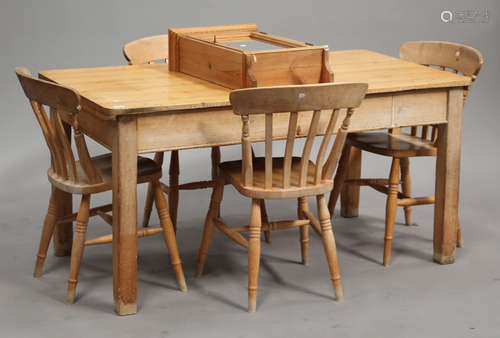 A 20th century stripped pine kitchen table, height 75cm, length 151cm, depth 84cm, together with