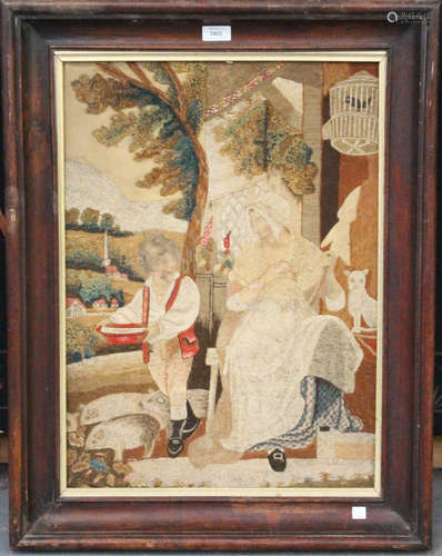 An early Victorian woolwork and silk panel depicting a country scene of a seated mother beside her