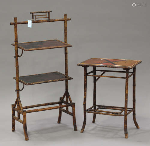 A late 19th century bamboo and lacquer two-tier stand, height 116cm, width 63cm, together with