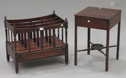 A 20th century reproduction mahogany music Canterbury and a mahogany occasional table with 'X'