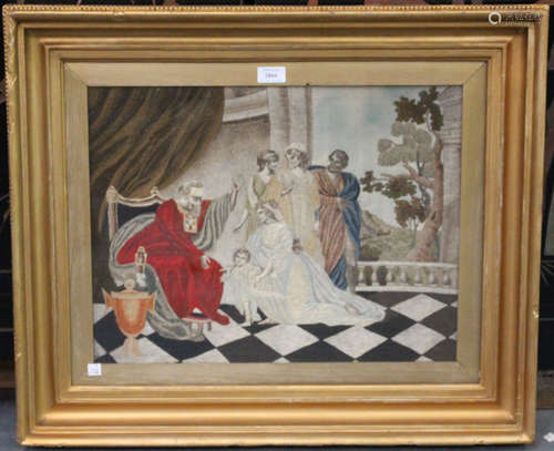 A Regency silkwork and chenille panel, depicting a seated Jewish high priest attending to a group of