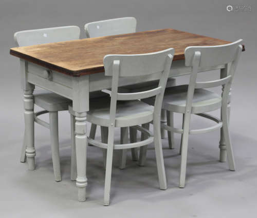 A 20th century stained pine and grey painted kitchen table, height 74cm, length 121cm, together with