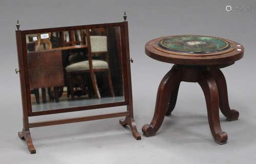 A 19th century mahogany swing frame toilet mirror, width 58cm, together with an occasional table,