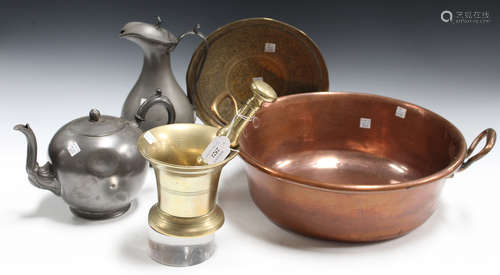 An 18th century polished bronze pestle and mortar, a 19th century copper preserve pan, an Eastern