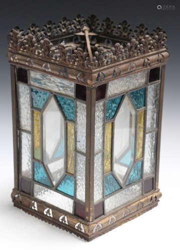 A late Victorian brass framed stained and leaded glass ceiling lantern, height 33cm, width 19cm.