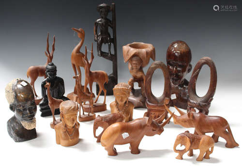 A group of 20th century African hardwood carvings, including busts, animals and figures.Buyer’s