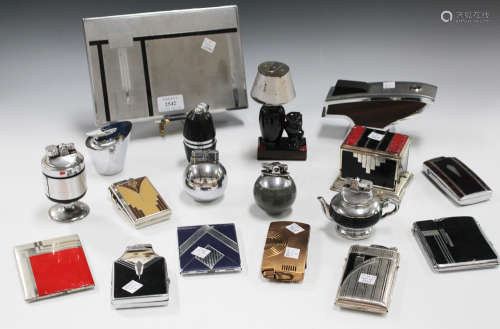 A collection of various pocket and table lighters, including Ronson cigarette case lighters and a