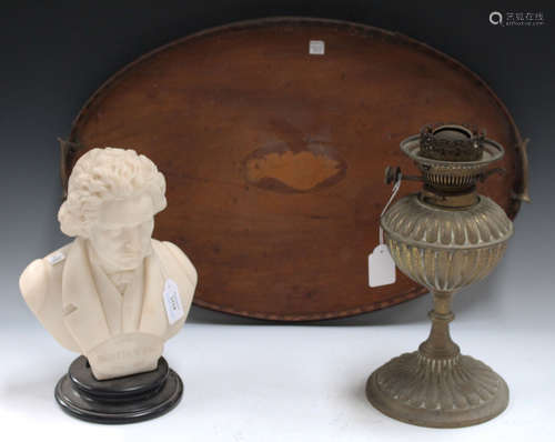 A 20th century cast resin portrait bust of Beethoven, height 30cm, a late Victorian brass lamp