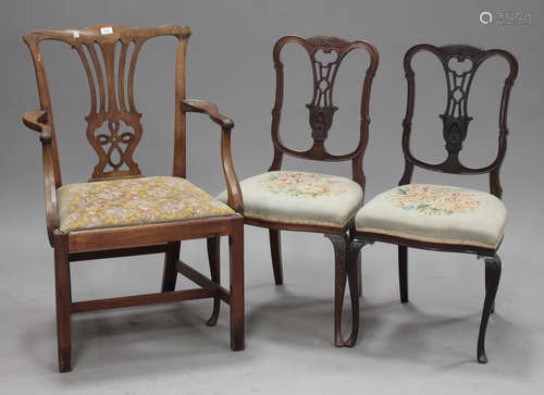 A George III mahogany pierced splat back armchair, width 63cm, together with a pair of Edwardian