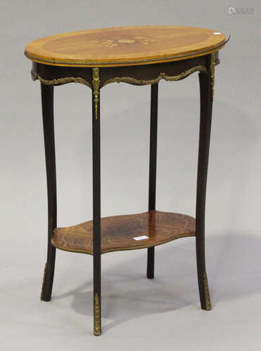 A late 20th century French style kingwood and marquetry inlaid table, on splayed legs, height