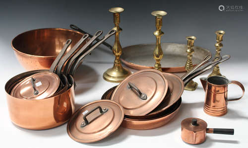 A set of four late 20th century French graduated copper saucepans and lids, all marked 'Bourgeat',