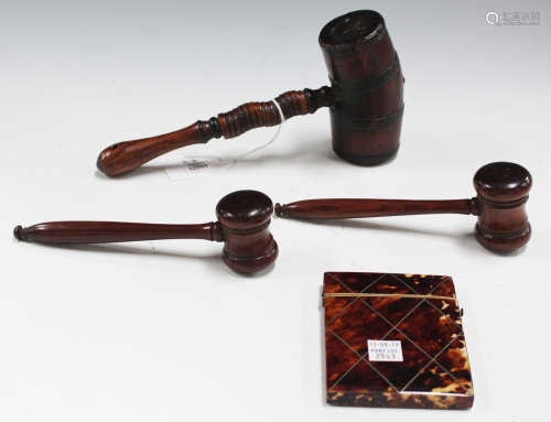 A 19th century turned wooden gavel with a sectional handle, length 22cm, two other 19th century