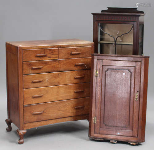 A George V mahogany display cabinet, width 61cm, together with a George III oak corner cabinet and a