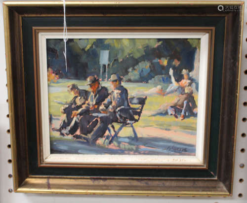 John M. Willis - 'St James Park', oil on board, signed recto, titled label verso, 19cm x 23cm,