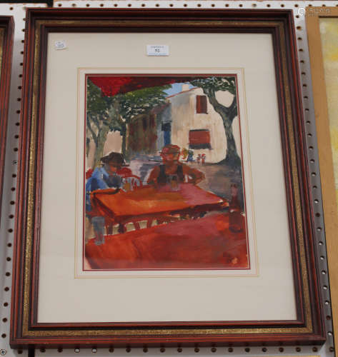 Betty Hopkinson - Café Scene, and Street Scene, two 20th century watercolours with gouache, both