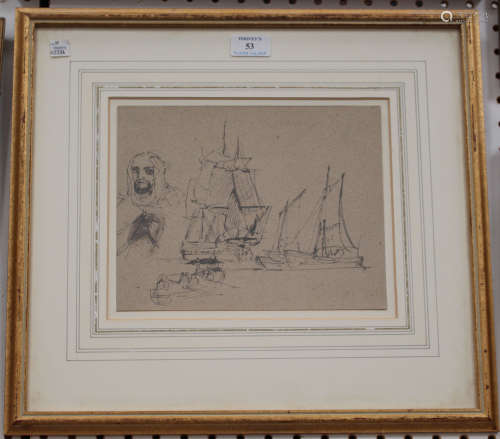 Attributed to Samuel Bough - Maritime and Figure Studies, 19th century pen and ink, 19cm x 24.5cm,
