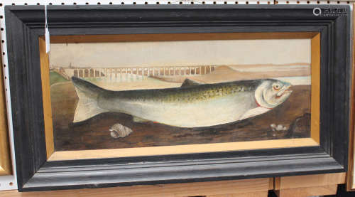 J. Wood - Fish in a Landscape with Viaduct, 20th century oil on board with collage, signed, 23.5cm x