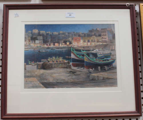 Clifford Bayly - View across a Harbour, possibly Malta, watercolour, signed, 24.5cm x 34cm, within a