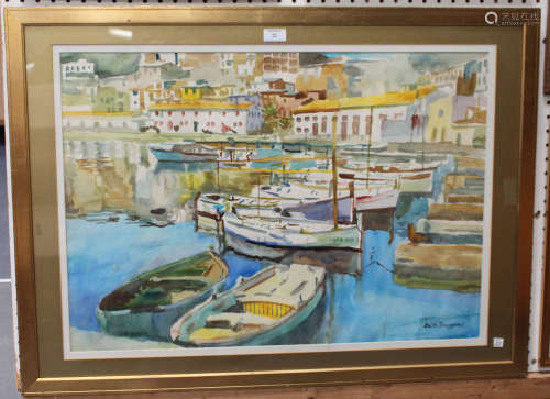 Faith Sheppard - Continental Harbour Scene with Boats, 20th century watercolour, signed, 51cm x