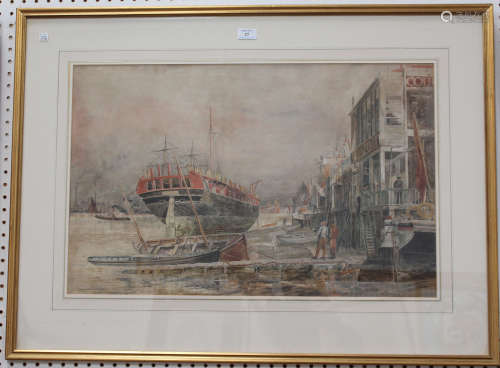 British School - 'The Thames Waterfront at Wapping', late 19th/early 20th century watercolour,