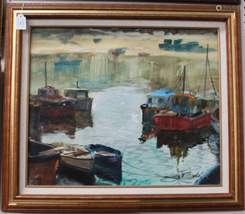 Terry Burke - 'Pattern of Boats', late 20th century oil on canvas, signed recto, titled verso,