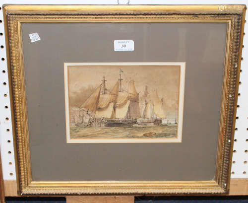 Attributed to William Joy - Maritime Scene with Sailing Vessels, 19th century watercolour, 16cm x