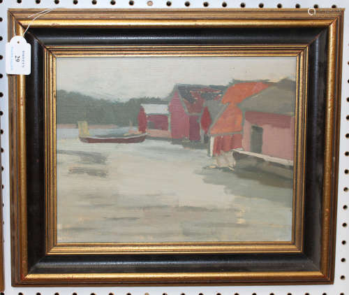 K. Knapp - River Scene with Boat and Buildings, 20th century oil on board, signed, 25.5cm x 32.