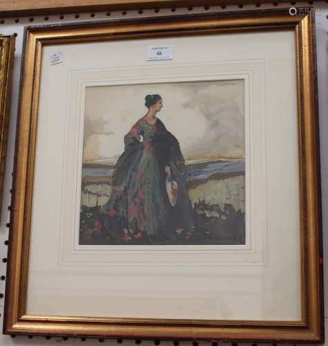 Marcus Arthur Boss - Lady standing in a Landscape, 20th century watercolour with gouache, signed,