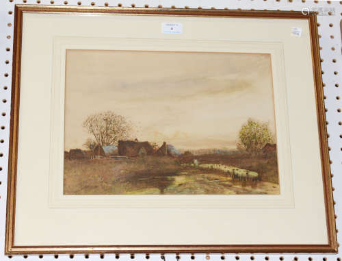 Fred Hines - Shepherd and Flock, late 19th century watercolour, signed, 26.5cm x 37cm, within a gilt