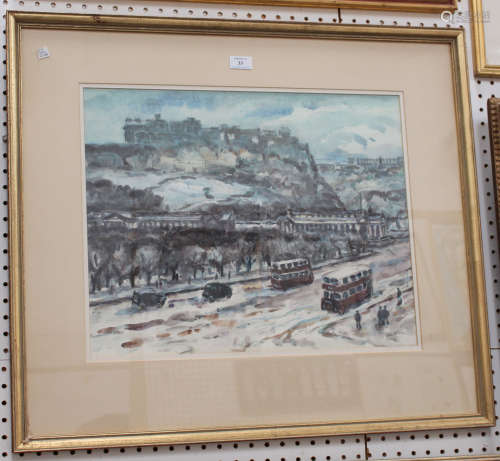John Miller - 'Winter's Day, Edinburgh', 20th century watercolour with gouache, signed recto, titled